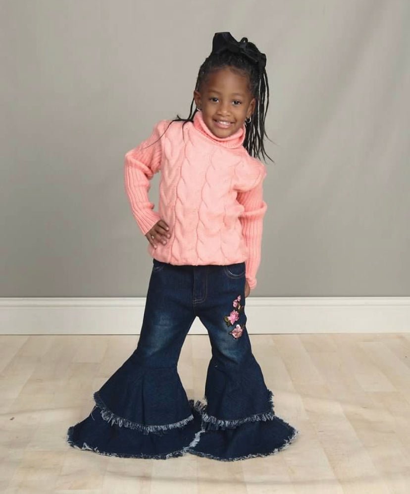 Kids Girls Ruffle Ripped Flared Bell-Bottom Trousers Ripped Jeans Denim  Pants