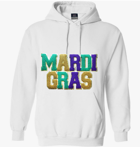 MARDI GRAS thick white hooded sweatshirt, embroidered patch