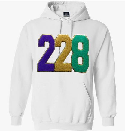 MARDI GRAS thick white hooded sweatshirt, embroidered patch