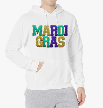 MARDI GRAS thick white hooded sweatshirt, embroidered patch