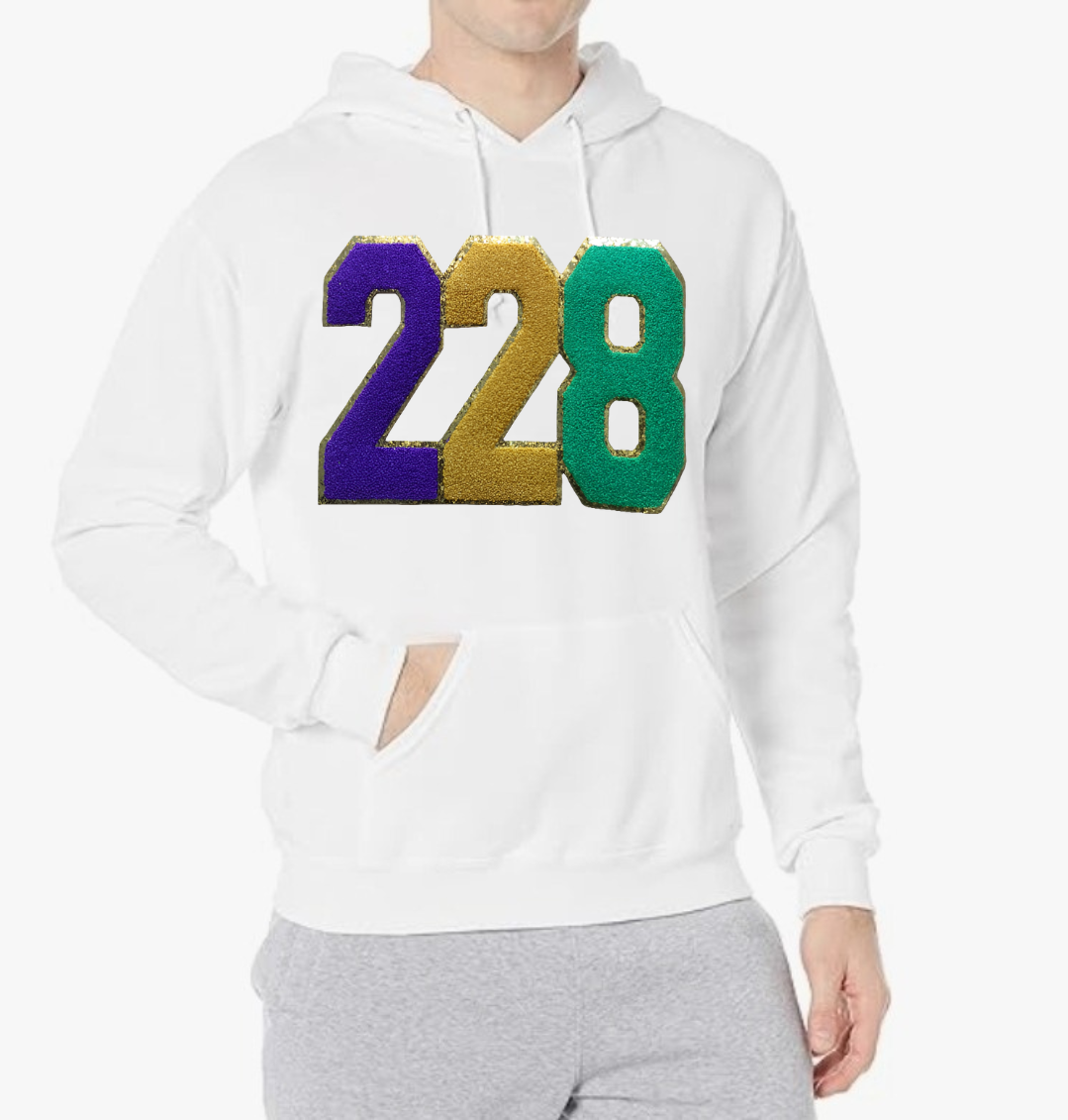 MARDI GRAS thick white hooded sweatshirt, embroidered patch