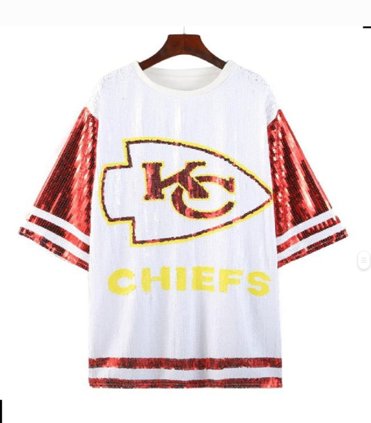 Kansas City Chiefs sequence white dress with Chiefs symbol graphics