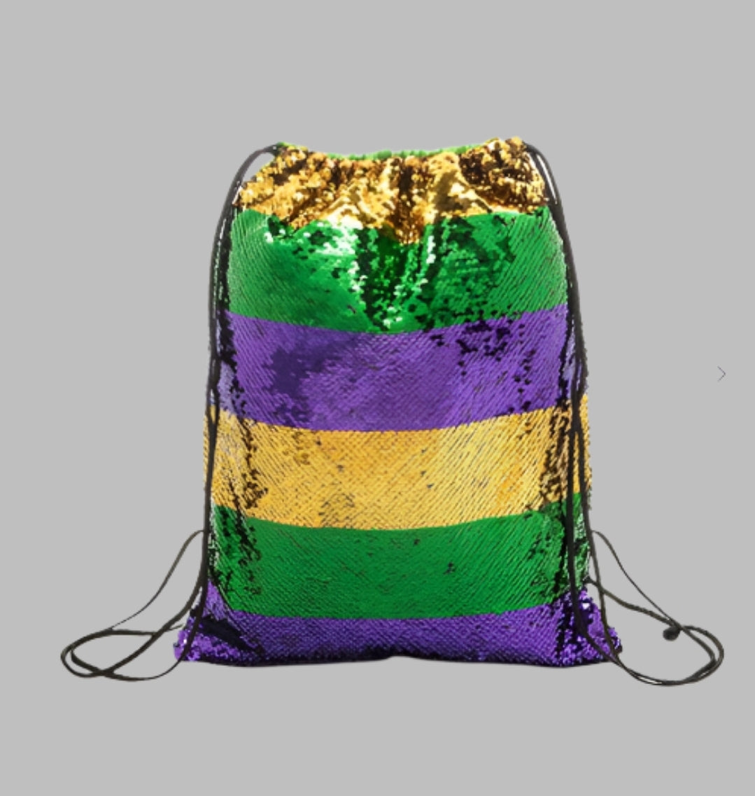 MARDI GRAS medium drawstring sequence back pack and sequence elastic headband