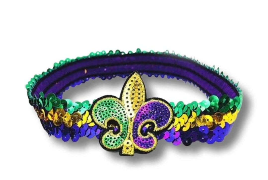 MARDI GRAS medium drawstring sequence back pack and sequence elastic headband