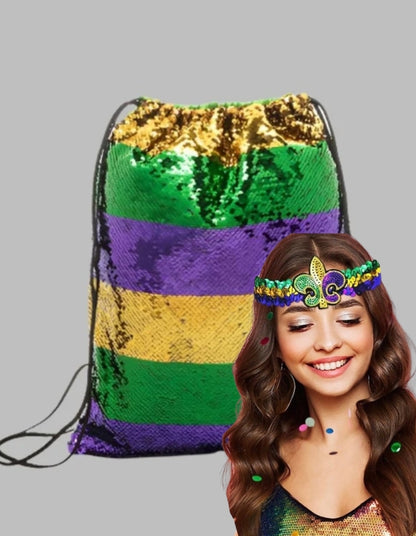 MARDI GRAS medium drawstring sequence back pack and sequence elastic headband