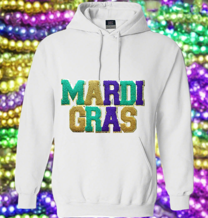 MARDI GRAS thick white hooded sweatshirt, embroidered patch