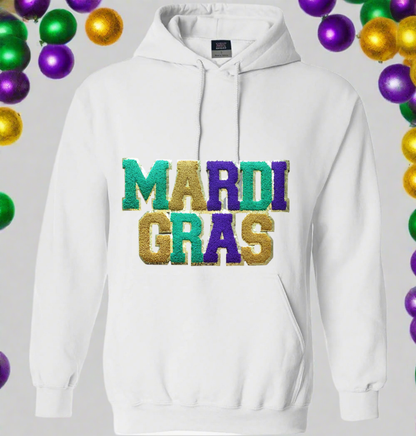 MARDI GRAS thick white hooded sweatshirt, embroidered patch