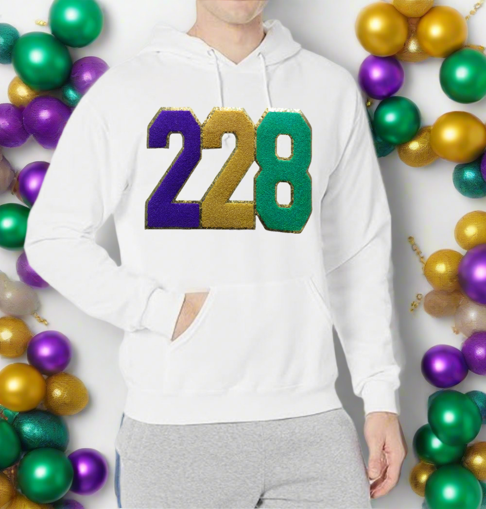 MARDI GRAS thick white hooded sweatshirt, embroidered patch