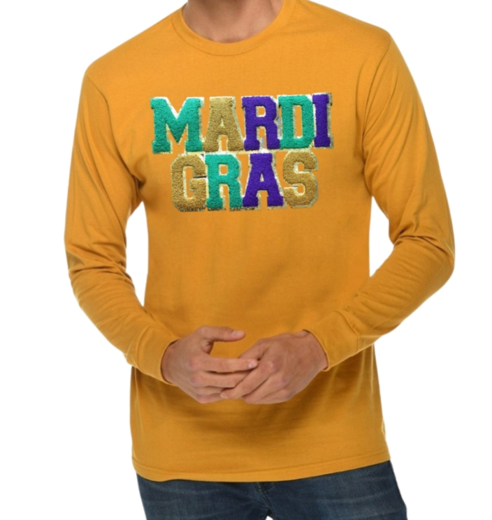 "Mardi Gras Magic: Long Sleeve T-Shirt with Grand Embroidered Patch"