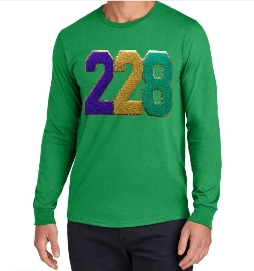 "Mardi Gras Magic: Long Sleeve T-Shirt with Grand Embroidered Patch"