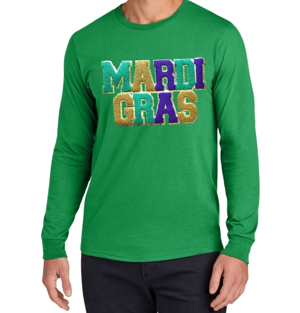 "Mardi Gras Magic: Long Sleeve T-Shirt with Grand Embroidered Patch"