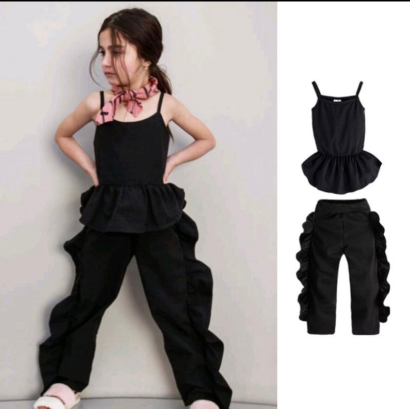 GIRLS RUFFLED ALL BLACK LACE TWO-PIECE