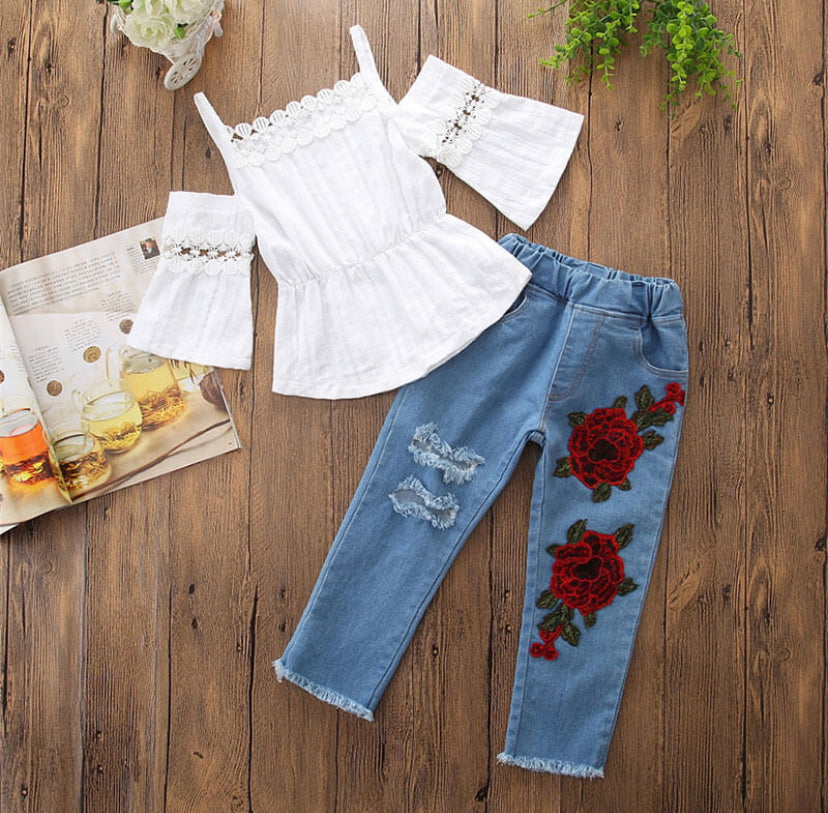 GIRLS FLARE JEANS WITH THICK DOUBLE-LAYERED RUFFLES