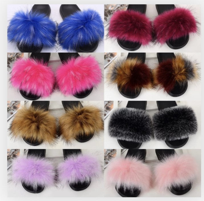 WOMEN FURRY FAUX FUR SHOE SLIDES SLIPPERS