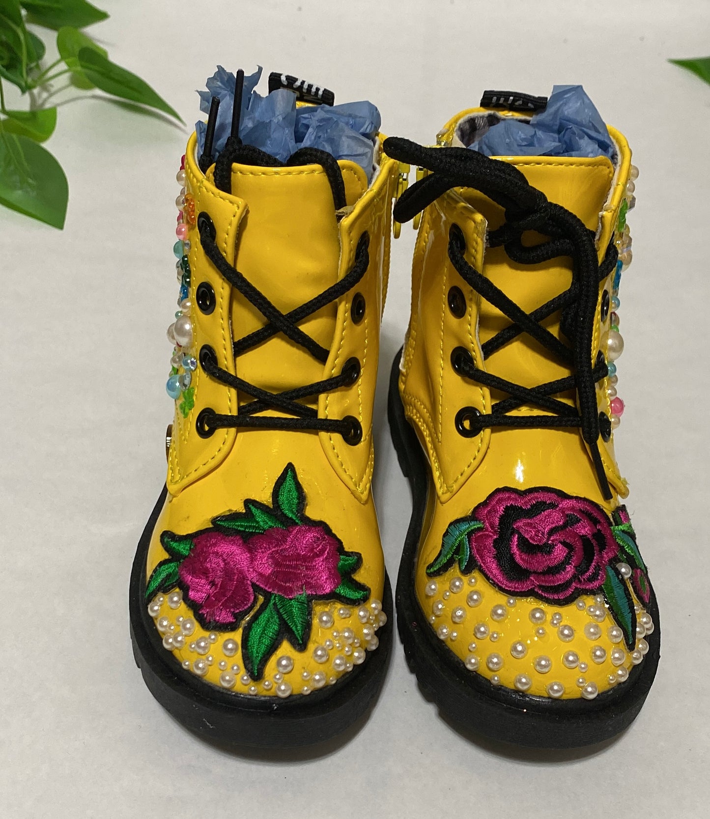 PINK FLOWERED YELLOW GIRLS' BOOTS