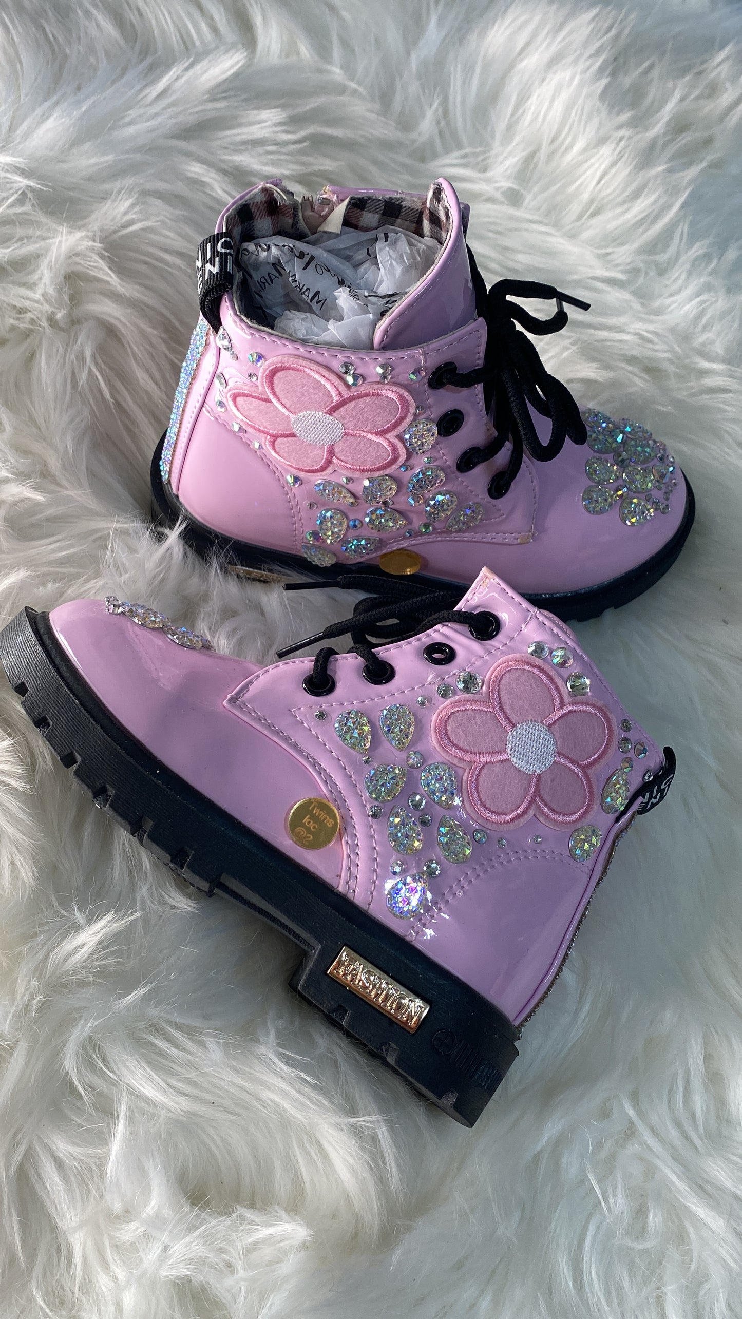 PINK FLOWER AND RHINESTONE BOOTS BOOTS