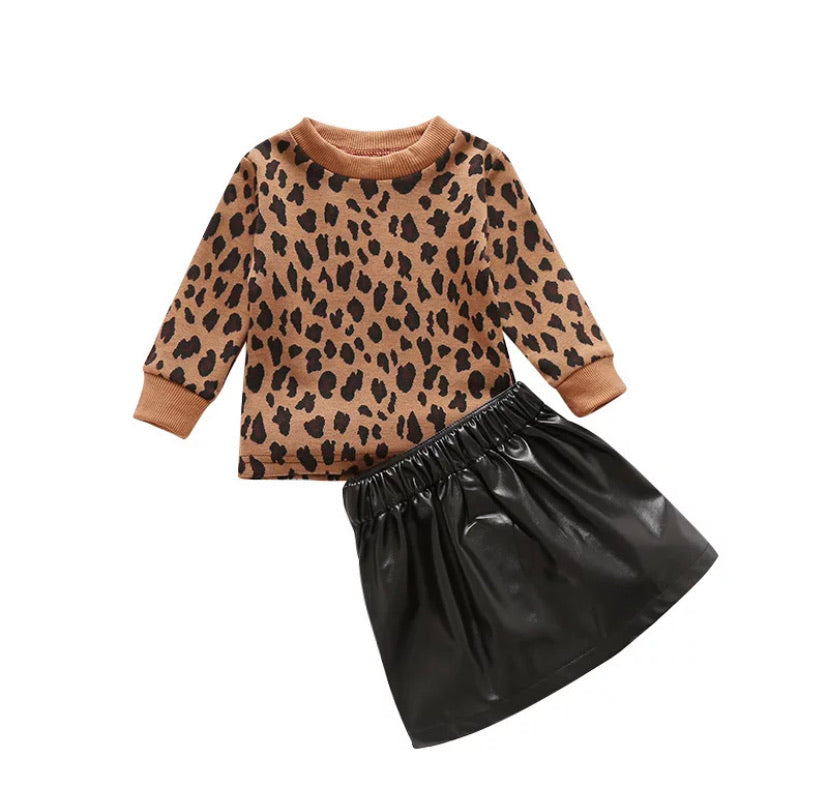 TWIN GIRLS CHEETAH TWO PIECE OUTFIT SKIRT SET