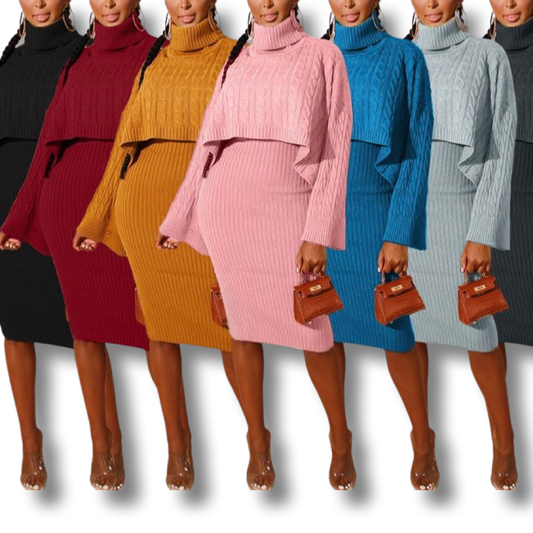 WOMEN LONG SLEEVE TURTLENECK KNOTTED OUTFIT DRESS