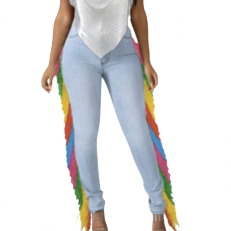 RAINBOW HIGH WAIST FRINGED SLIM DENIM JEANS