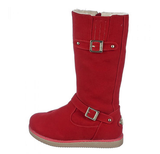 RED URBAN BUCKLE FUR INTERIOR TODDLER BOOTS