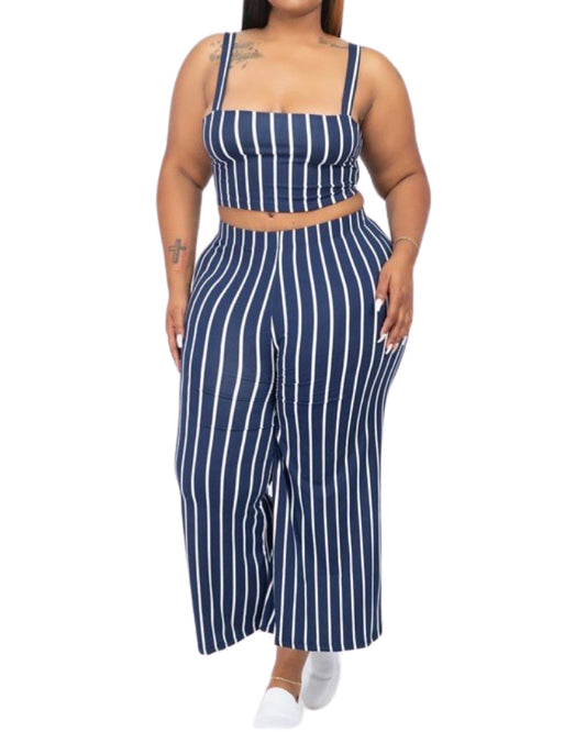 WOMEN STRIPE PRINTED WIDE LEG OUTFIT SET