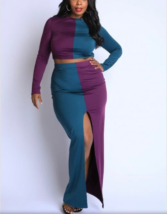 WOMEN PLUS SIZE COMFORTABLE THIGH SLIT SKIRT OUTFIT