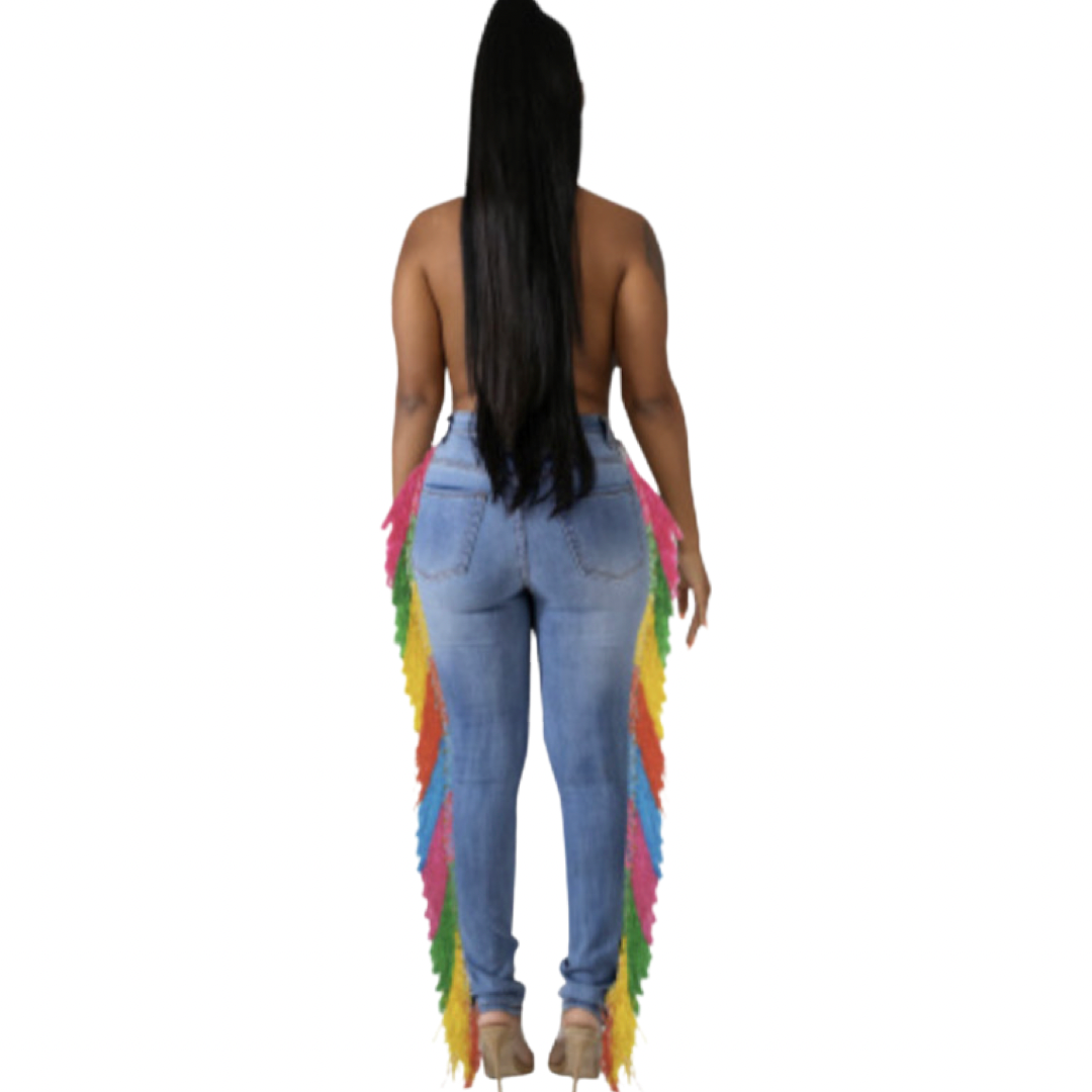 RAINBOW HIGH WAIST FRINGED SLIM DENIM JEANS