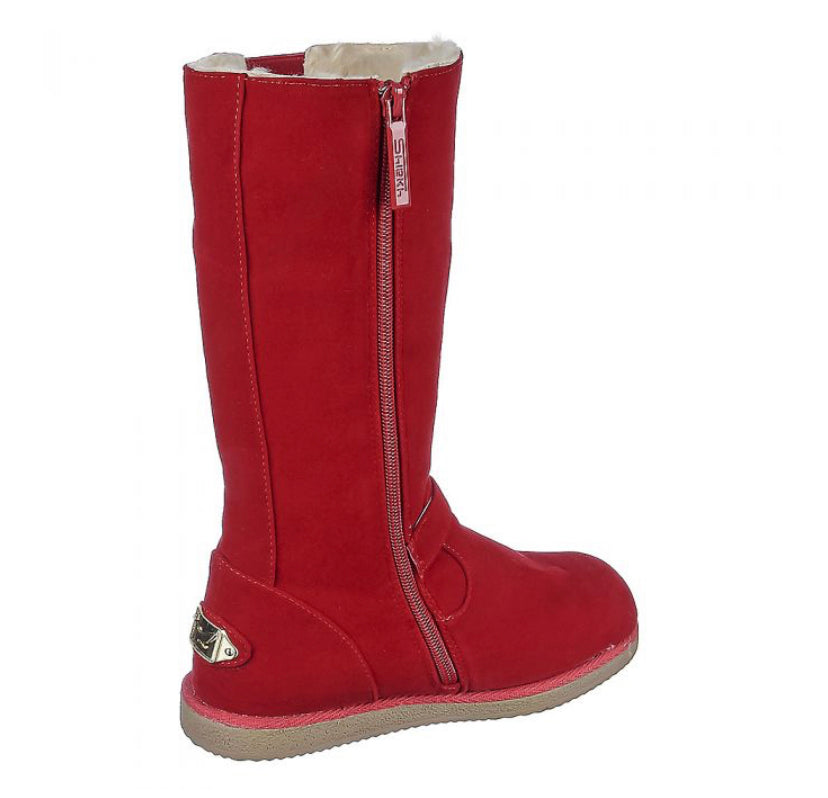 RED URBAN BUCKLE FUR INTERIOR TODDLER BOOTS