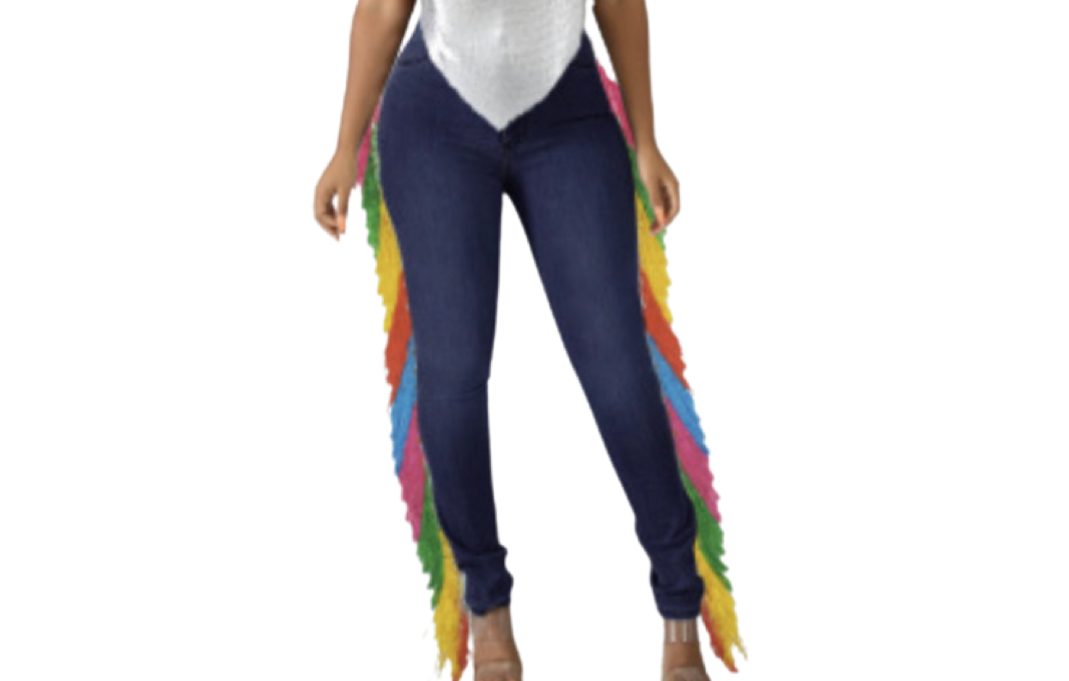 RAINBOW HIGH WAIST FRINGED SLIM DENIM JEANS