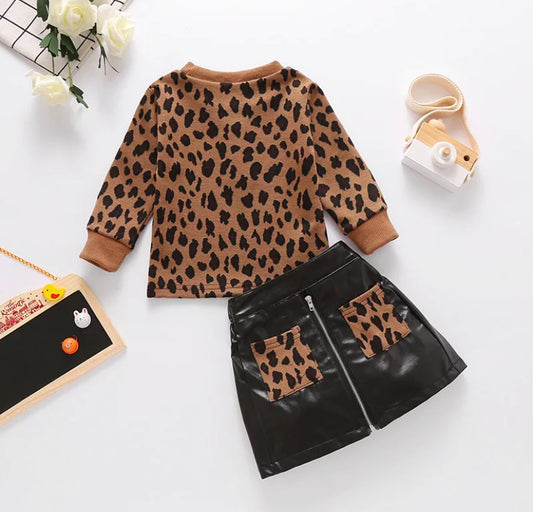TWIN GIRLS CHEETAH TWO PIECE OUTFIT SKIRT SET