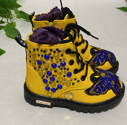 BUTTERFLY BLUE CUSTOM ONE OF A KIND YELLOW BOOTS