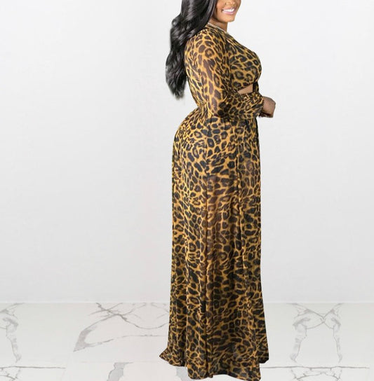 WOMEN CHEETAH PRINT TWIN LONG SLEEVE LACE UP TOP AND SKIRT OUTFIT SET