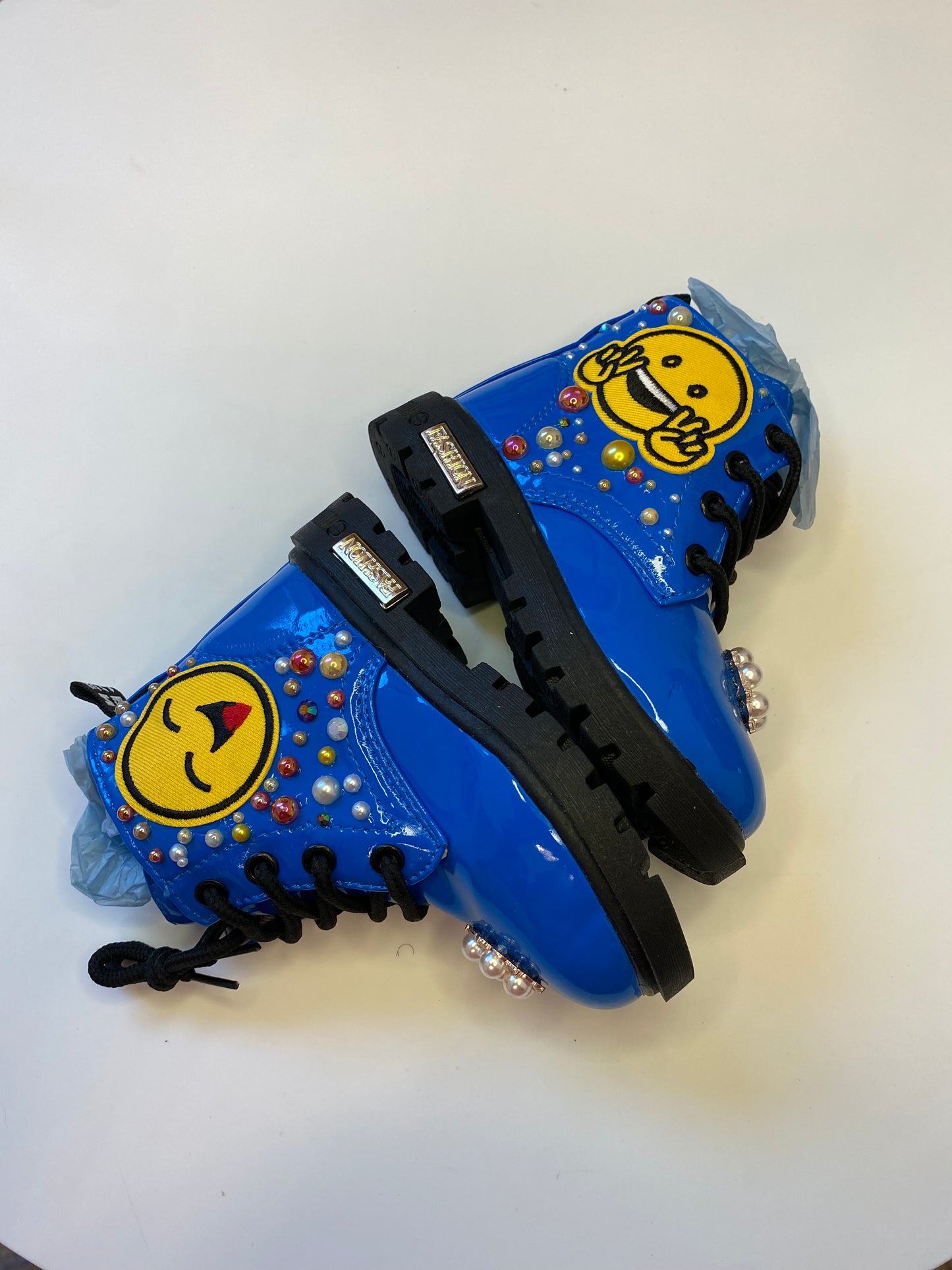 EMOJI FACES AND RHINESTONE BLUE BOOTS