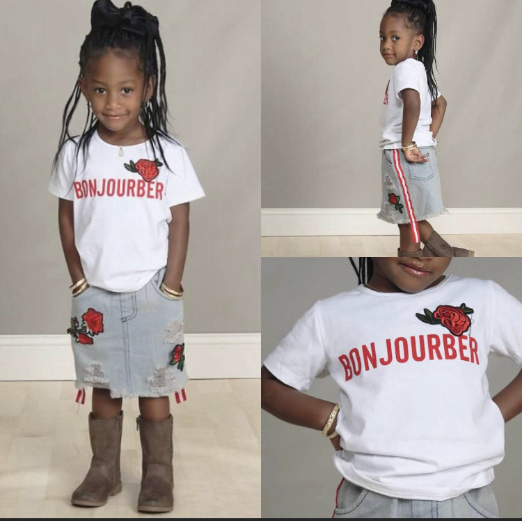 GIRLS TWO-PIECE "BONJOURBER" WHITE SHIRT WITH BLUE JEAN SKIRT